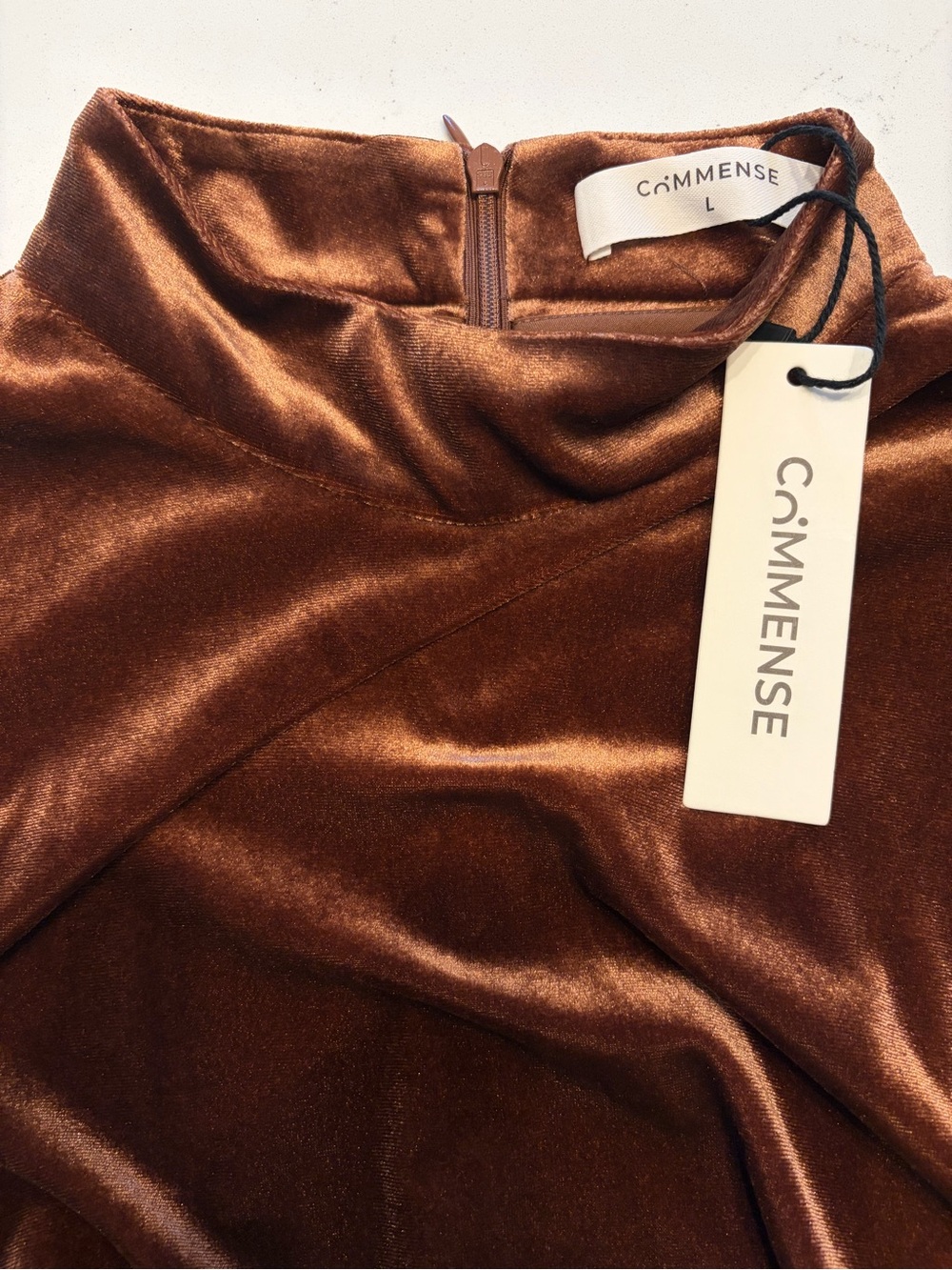 Commense Brown Velvet Lace Trim Mock Neck Slip Dress - Picture 2 of 7
